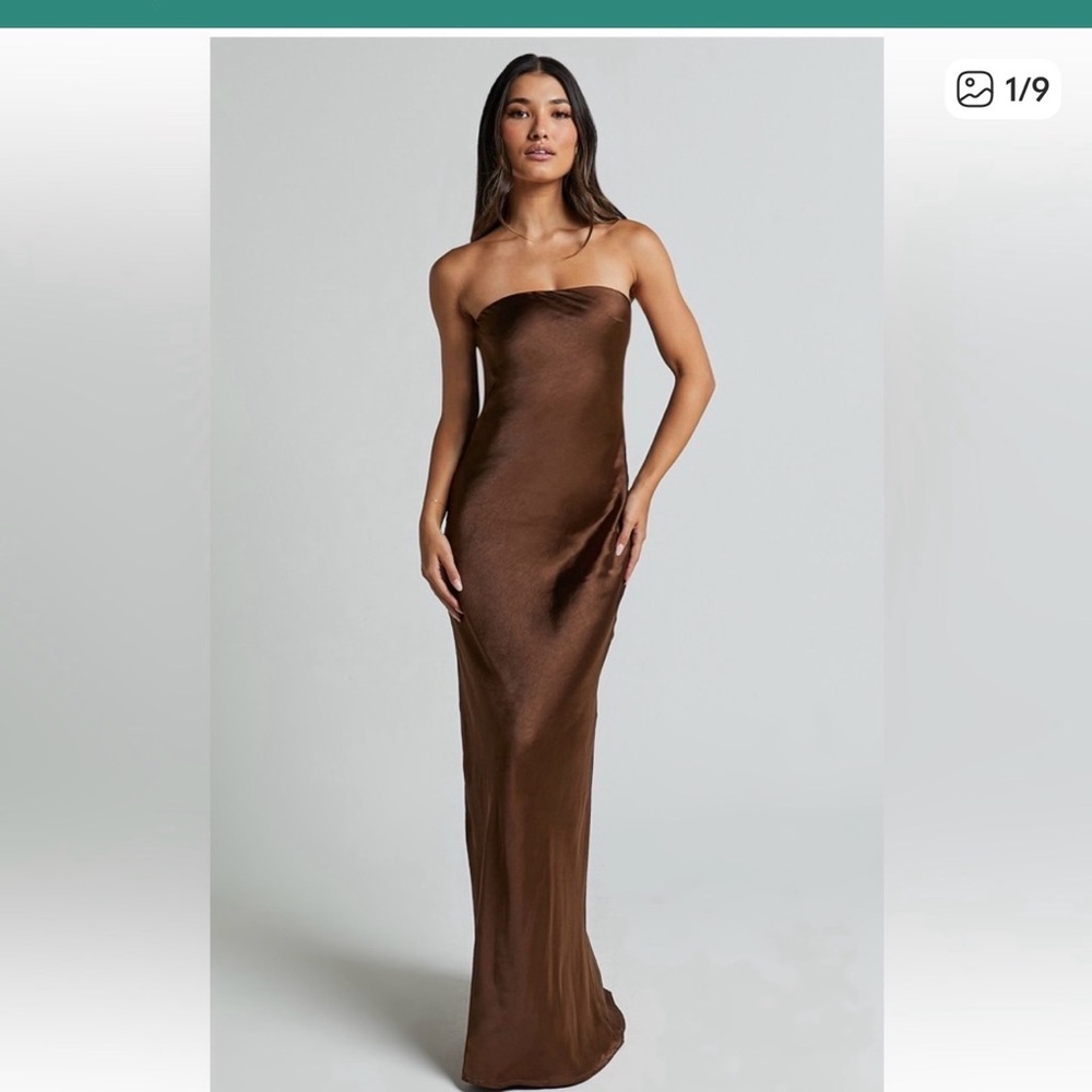 Showpo Strapless Satin Maxi Dress in Brown